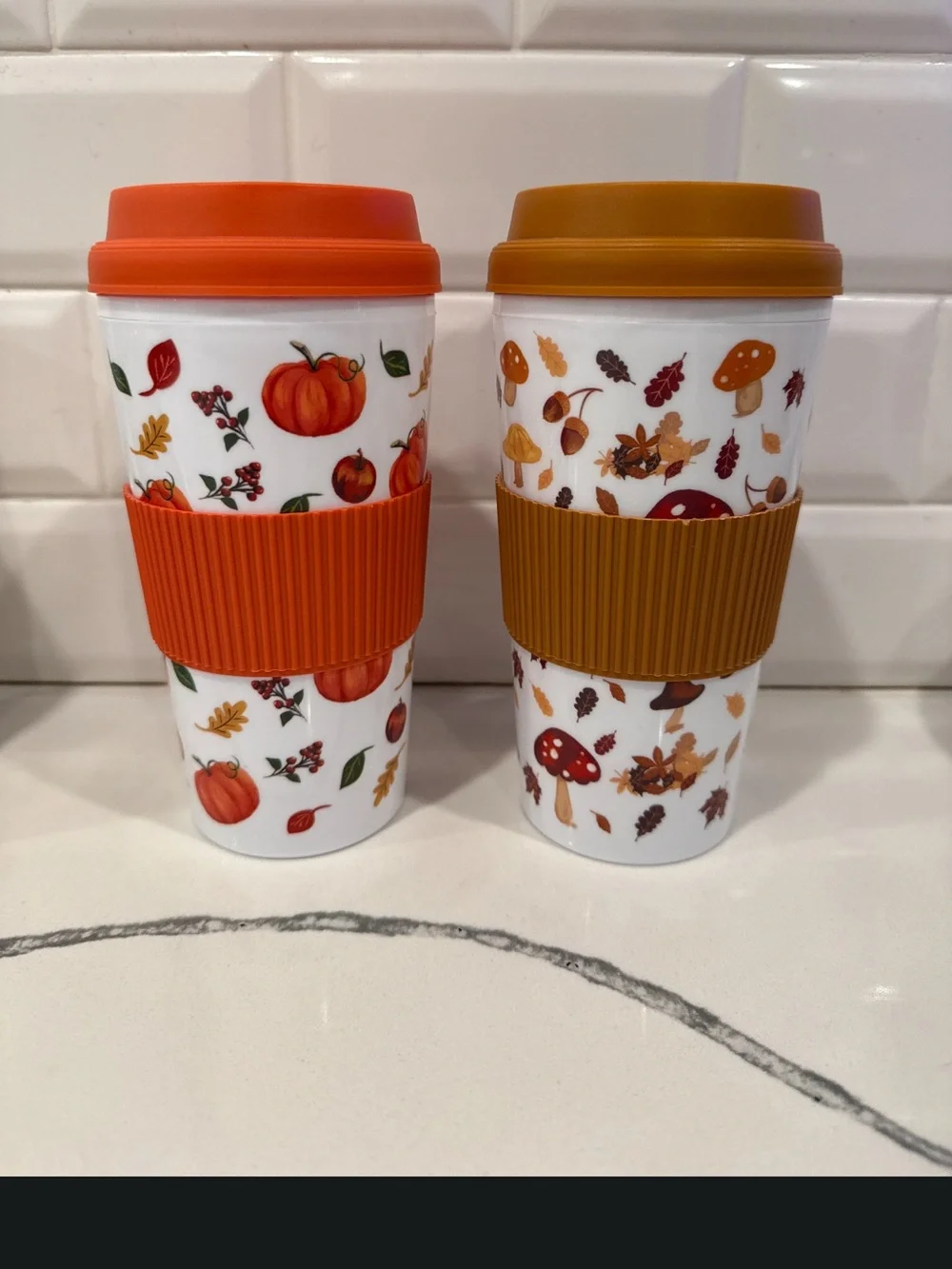 Autumn Pumpkin & Mushroom Reusable Travel Cups with Orange and Mustard Sleeves
